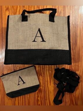 Monogrammed Letter “A” Tote Set - Large Bag W/ Removable Straps & Makeup Pouch